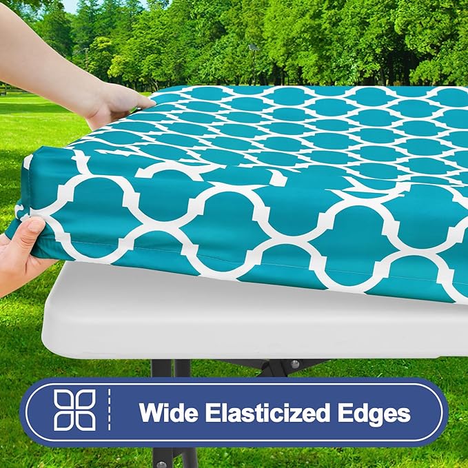 Smiry Picnic Table Cover with Bench Covers, Waterproof Elastic Fitted Tablecloth for 8 Foot Tables, Washable Polyester Tablecloths for Camping, Indoor & Outdoor (Teal, 30x96 Inch 3-pc Set)