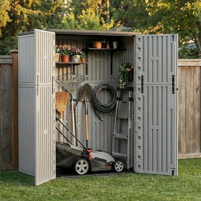 Outdoor Storage Shed 57 Cu.ft Weatherproof Resin Storage Cabinet with Floor, Lockable Vertical Shed for Garden Tools, Lawn Mower, Pool Equipment & Organization – Shelves Not Included