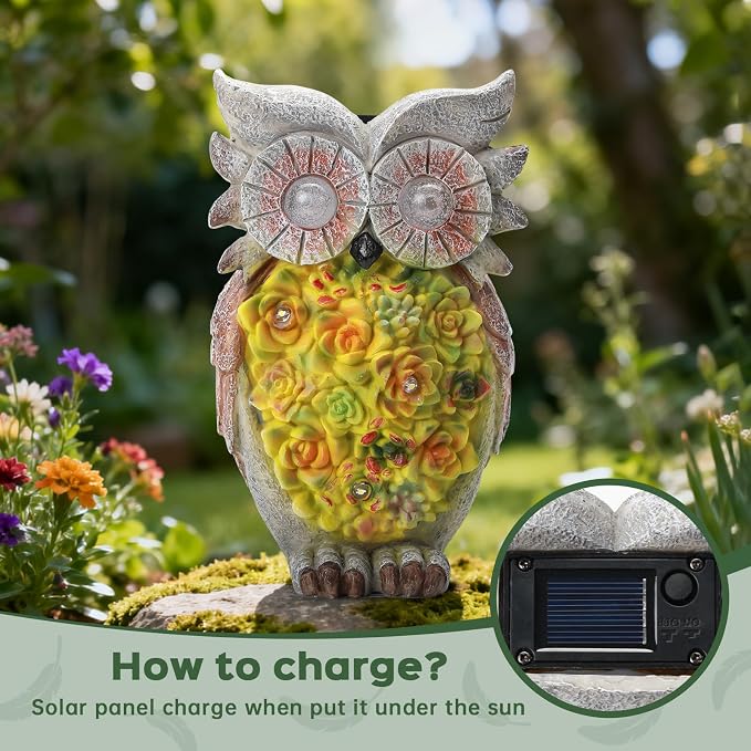 Solar owl Garden Statues Outdoor Decor, Resin Owl Figurine Decorations with Solar Light, Whimsical Owl Sculpture for Patio, Balcony, Yard, Lawn Ornament, Perfect Garden