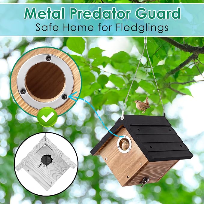 Dreyoo 2 Pack Wren House, 1-1/8'' Entrance Hole Hanging Wooden Wren Bird Houses for Outside with Metal Guard, Air Vents, Pine Wood for Chickadees (Black,Burnt Wood Color)