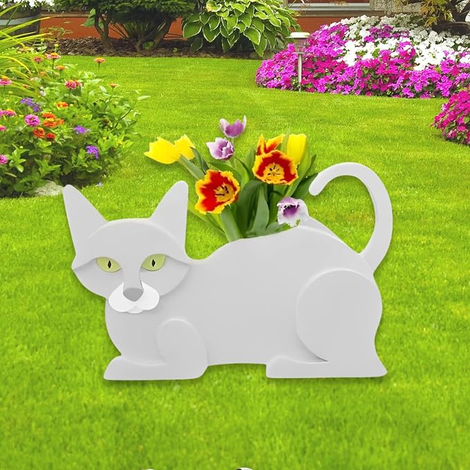 White Cat Planter Plant Pots,Cute Cat Flower Planter,Gifts for Pet Lovers,Unique Animal Plant Pots,Office,Indoor Outdoor Garden Decor（12.5 * 5.6 * 7.8in）