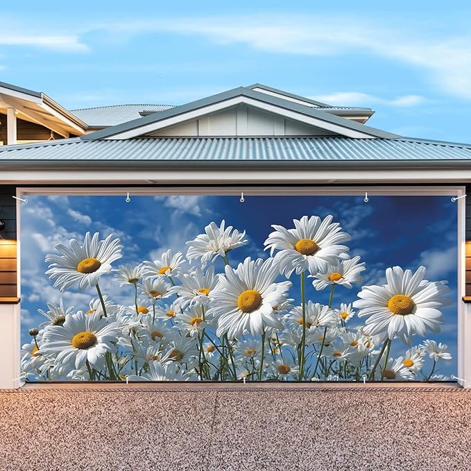 7 * 16FT Summer Garage Door Cover Decorations Sunset Palm Trees Garage Door Banner for Outdoor Indoor Summer Party Photography Backdrop (daisy, 7 * 16 ft)