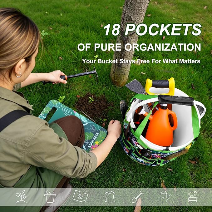 KUNN 5 Gallon Garden Bucket Tool Organizer & Kneeling Pad Set, 18-Pocket Heavy Duty Garden Caddy with Hangable Handle, Polyester Tool Bag with Grip Handle & Gardening Kneeling Pad for Women, Green