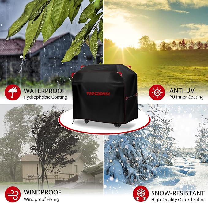 TOPCROWN Grill Cover for Outdoor Grill, BBQ Gas Grill Waterproof Anti-UV Oxford Fabric Windproof Design with Adjustable Straps, Fits Weber/Char-Broil/Nexgrill and More (420D Black+Red, 49" - 52")