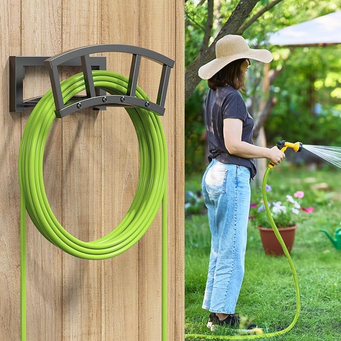 OLV Garden Hose Holder Wall Mounted, Outdoor Heavy Duty Metal Water Hose Holder Hanger Holds 125-ft Water Pipe, Sturdy Detachable Hose Storage Organizer Reel Rack for Outside Garden Lawn Yard Farm