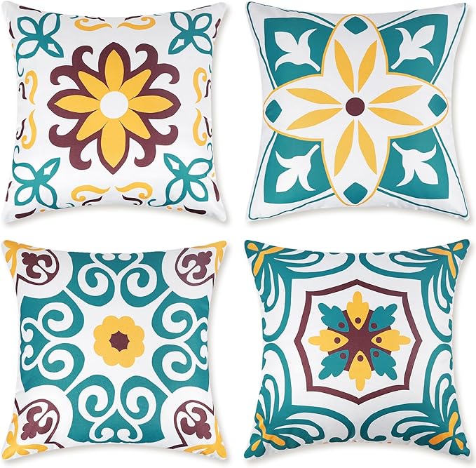 Pyonic Waterproof Outdoor Pillow Covers 18x18 inch Set of 4 Morocco Vintage Floral Boho Throw Pillow Covers Water Resist Outdoor Pillows for Patio Furniture Garden Yard,Turquoise