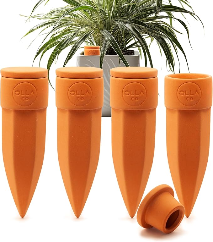 The Olla Company Plant Watering Spikes with Lids - Ideal for 5”-9” Pots - Vacation Friendly - Terracotta - Medium - Set of 4