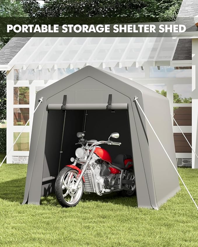 6x6 FT Portable All-Weather Storage Shelter – Heavy-Duty Garage with Zipper Roll-Up Door, Secures Motorcycles, Bikes, Firewood & Tools (Anchoring Kit Included), Grey