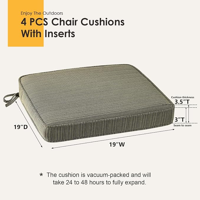 Outdoor Square Corner Seat Cushion, 19"x19"x3", Set of 4, Non Slip Seat Cushion Pads with Removable Cover for Patio Furniture, Garden Yard Lawn, Dark Black Tan Stripe