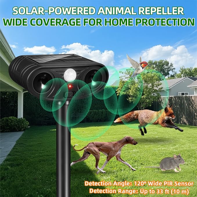 2026 Upgraded Solar Ultrasonic Animal Repellent, 2 Pack IP65 Waterproof Sonic Deer Deterrent, Motion Activated Outdoor Repeller to Keep Cats, Squirrels, Raccoons, Skunks & Dogs Away from Garden, Yard