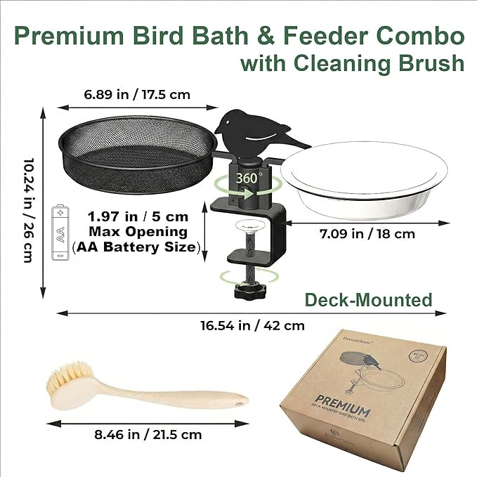 Deck Bird Feeder & Bird Bath for Balcony Railing, No-Drill Clamp Fits up to 2"/5cm – Heavy-Duty Metal Mesh Tray, Windproof Locking Water Bowl, Wild Bird Feeding Station with Cleaning Brush