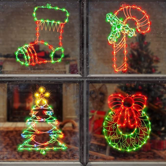 4 Pack Christmas Window Silhouette Lights, Lighted Candy Cane,Christmas Tree,Wreath and Christmas Stocking of Double Sided Decorations with 200 Count Incandescent Mini Light
