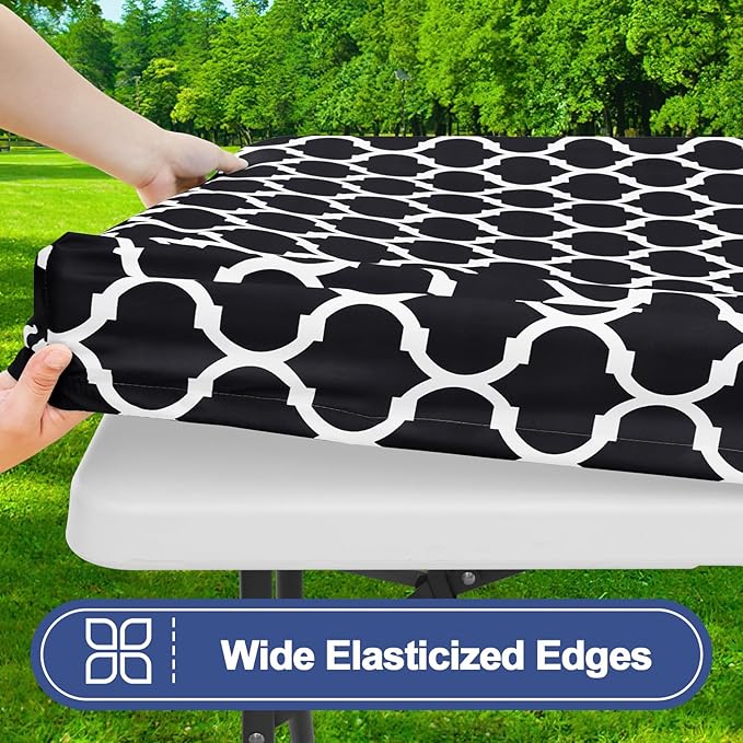 Smiry Picnic Table Cover with Bench Covers, Waterproof Elastic Fitted Tablecloth for 5 Foot Tables, Washable Polyester Tablecloths for Camping, Indoor & Outdoor (Black, 30x60 Inch 3-pc Set)