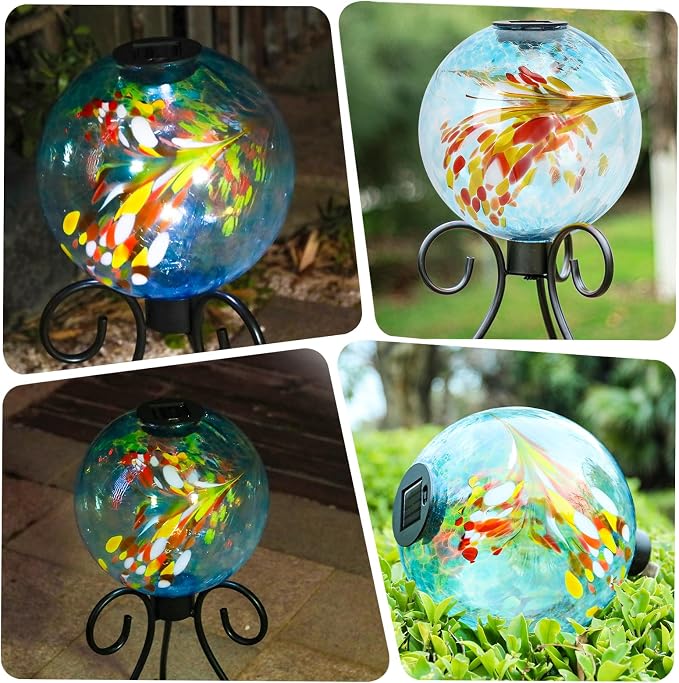 VCUTEKA Solar Gazing Ball, 10" Glass Gazing Balls Sphere with Solar Light for Garden Lawn Outdoor Ornament Yard Decorative, Swirl Lights