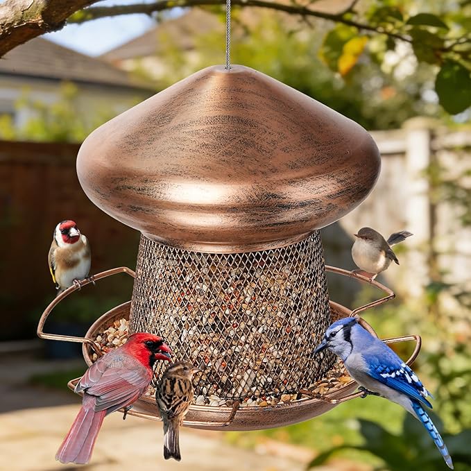 Bird Feeder, Heavy Duty Metal Bird Feeders for Outdoor Hanging, Cute Mushroom Shape Wild Birdfeeder for Outside Garden Yard (Brown)