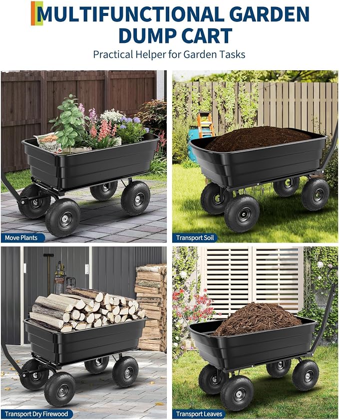 Heavy Duty Gorilla Cart-Style Dump Utility Wagon, 1200lb Poly Wheelbarrow with 13" All-Terrain Tires, Quick-Release Yard Garden Cart on Wheels for Landscaping, Lawn Tractor Tow, 4 cu.ft