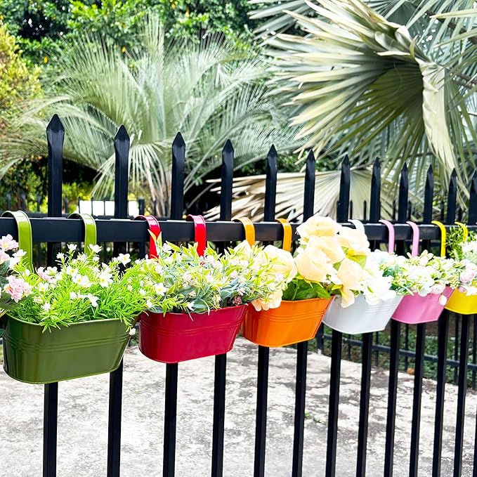 6 Pcs Railing Planter, 10" Metal Hanging Flower Pots for Outdoor Balcony Rails, Fence Pot Hanging Plant Holders with Detachable Hooks for Garden Patio Yard Decor (9.8", Pack of 6)