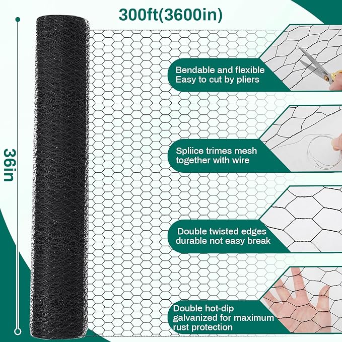 GlikCeil 36 in x 300 ft Chicken Wire Mesh Fencing for Floral Garden, 23 Gauge Black Galvanized Steel Wire, 1 Inch Hexagonal Hardware Cloth Netting for Farm Crafts Poultry Coop Barrier Rabbit Cage