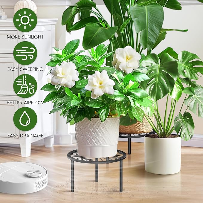 TOSKING Heavy Duty Metal Plant Stand - 9" Round Classic Scroll Pattern, Adjustable Non-Slip Leveling Feet, Rustproof, Decorative Display Shelf for Small to Medium Plants, Indoor/Outdoor, Black (9"Dia x 5.2"H)