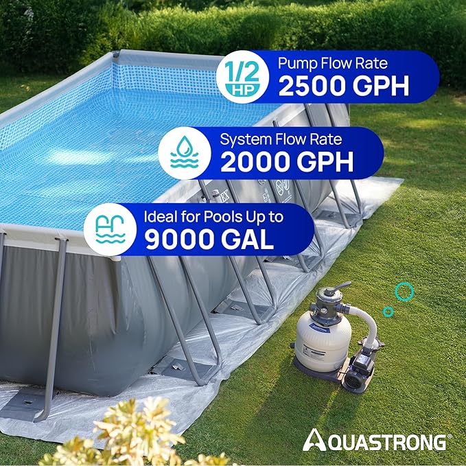 AQUASTRONG Sand Filter Pump for Above Ground Pool, Pool Pumps Above Ground with Timer, Pool Sand Filter with 6-Way Valve,Improved Circulation and Filtration,12in, up to 9000 Gallons