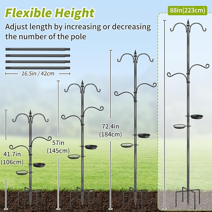 Bird Feeder Pole, 88 Inch Bird Feeding Station 4 Hook Heavy Duty Hummingbird Feeder Stand Hanger Shepherds Hook for Outdoors, with Birds Bath and Mesh Tray