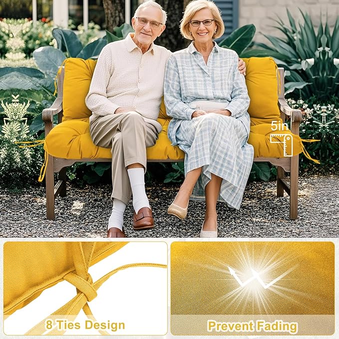 Porch Swing Cushions 2 Seater Replacement Thicken 5" Waterproof & Fade Resistant Swing Cushions for Outdoor Furniture Bench Patio Swing Cushion with Backrest & Ties(Yellow 40x40x5inch)