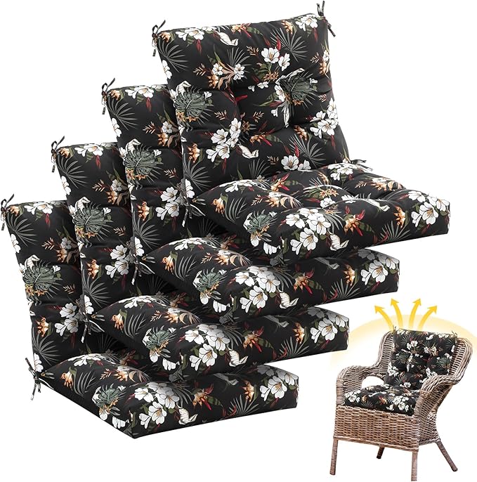 Marsui 4 Pcs Outdoor Indoor High Back Chair Cushions Patio Furniture Tufted Pillow with Ties Water-Resistant Replacement Outdoor Rocking Chair Cushions, 42 x 21 Inches (Black,Plants)