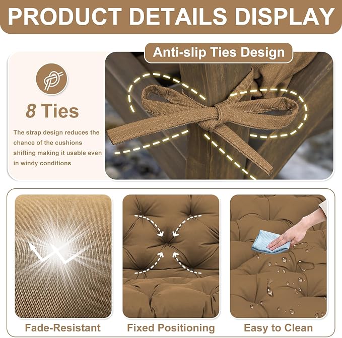 Porch Swing Cushions 40 inch Waterproof & Fade Resistant Thicken 5" Outdoor Swing Cushions 2 Seater Replacement with Backrest & Ties Patio Swing Cushions for Outdoor Furniture (Brown)