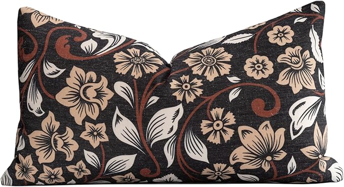 Crumbs Home Modern Farmhouse Fall Linen Indoor Outdoor Lumbar Pillow Cover Only, 12"x20" Water Repellent for Patio, Backyard, Couch, Black Ivory Cream Floral