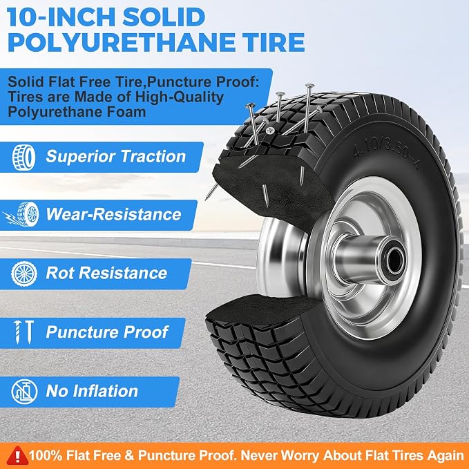 (2-Pack) RRQ 4.10/3.50-4 Flat Free Tire and Wheel, 10" Heavy Duty Solid Tire with 5/8" Bearings, 2.2" Offset Hub, One-Piece Welded Rims, Turf Tread, for Hand Truck, Dolly, Garden Cart, Wagon and More