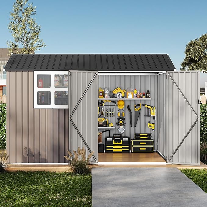 Garvee 6x8 Ft Heavy-Duty Metal Storage Shed with Lockable Door & Windows - Galvanized Steel Outdoor Utility Shed with Sloped Roof for Backyard, Garden, Garage, and Patio, Brown