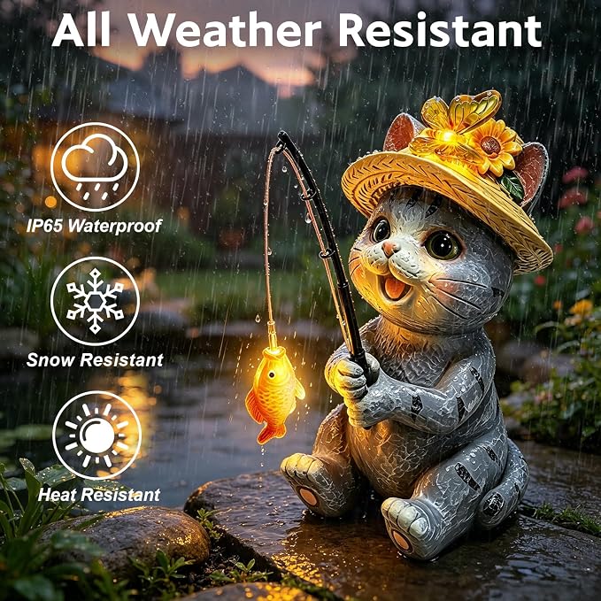 Solar Garden Cat Statues, Outdoor Fishing Cat with Butterfly Solar Lights Waterproof, Birthday Gifts for Cat Lovers Mom Women, Garden Figurines for Yard Decor Patio Porch Lawn Ornaments