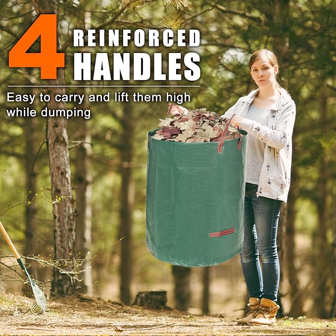 Joyhalo Reusable Yard Waste Bags, 132 Gallon Lawn And Leaf Bags 3 Pack, Heavy Duty Garden Bags With Gardening Gloves, Standable Garden Waste Bag With 4 Handles, Camping Yard Recycling Bag For Leaves