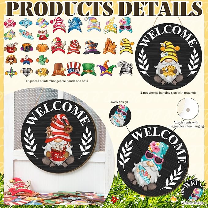 Qunclay Interchangeable Wooden Gnome Decor Holiday Seasonal Gnome Decorations with Magnet Pieces and Detachable Hats Changeable Welcome Sign for Home(Black)