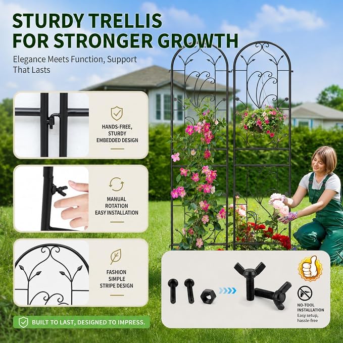 2 Pack 87x20in Garden Trellises, Sunflower Black Metal Coated Rustproof Trellis for Climbing Plants Outdoor, Roses, Vegetables, Vines, Cucumbers