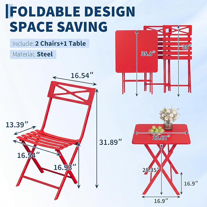GarveeTech 3-Piece Folding Bistro Set, Heavy Duty Outdoor Patio Furniture with 2 Chairs & 1 Table, Weather-Resistant Steel Frame, No Assembly Required for Garden, Yard, Balcony,Red