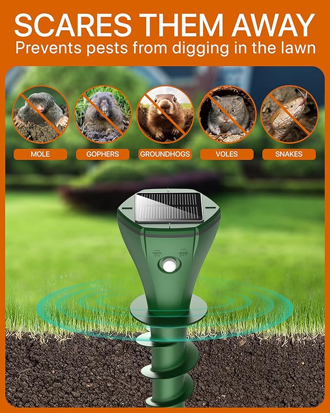 Solar Pest Repeller Stakes (4 Pack) – Outdoor Garden and Lawn Ground Stakes Rodent Deterrent for Moles, Gophers, Snakes and Burrowing Pests