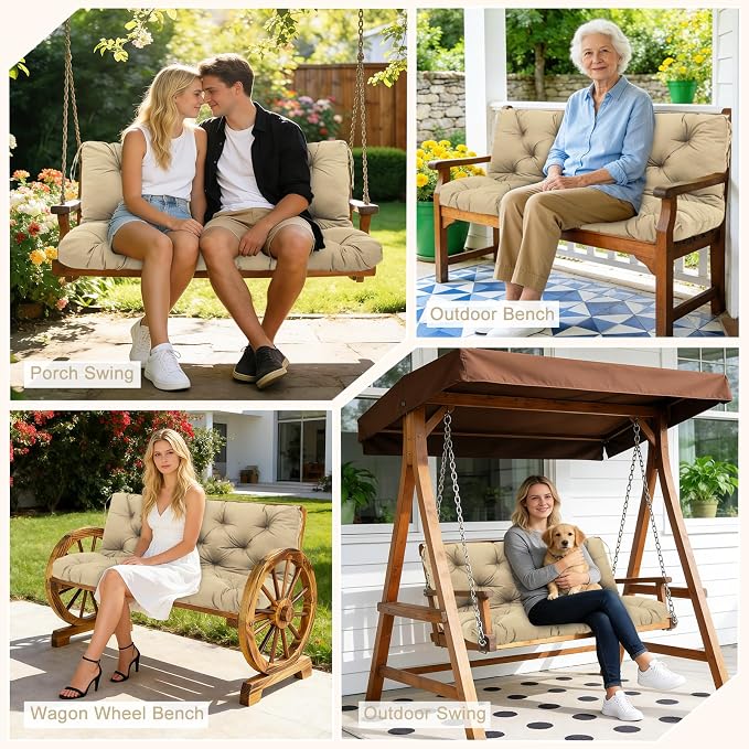 Porch Swing Cushions 2 Seater Replacement Thicken 5" Waterproof & Fade Resistant Swing Cushions for Outdoor Furniture Bench Patio Swing Cushion with Backrest & Ties(Khaki 40x40x5inch)