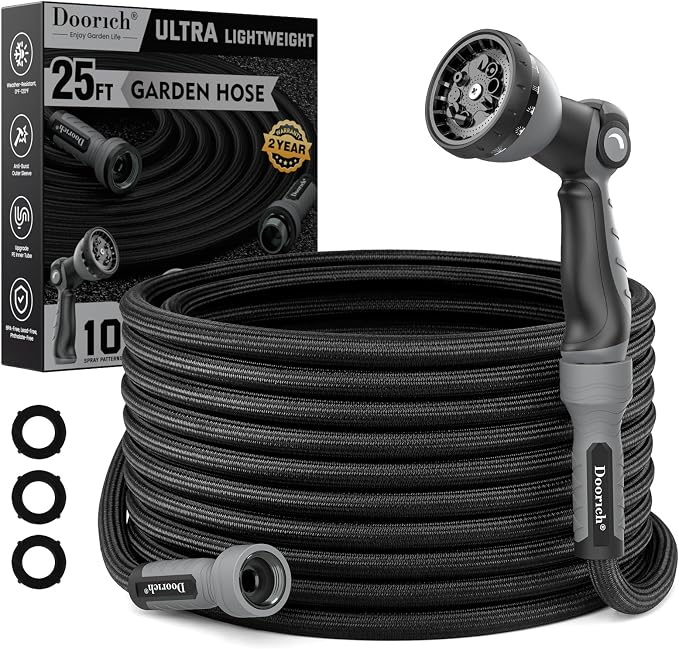 Garden Hose, Flexible Ultra Lightweight Durable, Kink-Free Water Hose with 10 Function Sprayer - Non-Shrinking, Easy to Store, All-Weather, High-Pressure, Black (25 FT)