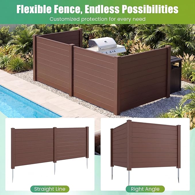HAPPYGRILL Air Conditioner Fence, 4 Panels Outdoor Privacy Screen with Metal Stakes, No Dig Pool Equipment Enclosure, 48" x 38" Trash Can Screen Fence Kit for Outside Backyard, Brown