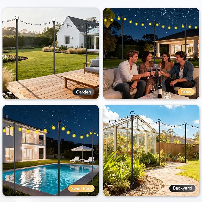 6 Pack String Light Poles for Outside, 10Ft Light Poles for Outdoor String Lights, Adjustable Outdoor String Light Poles with Fork,Metal Fence Post for Patio,Backyard,Deck
