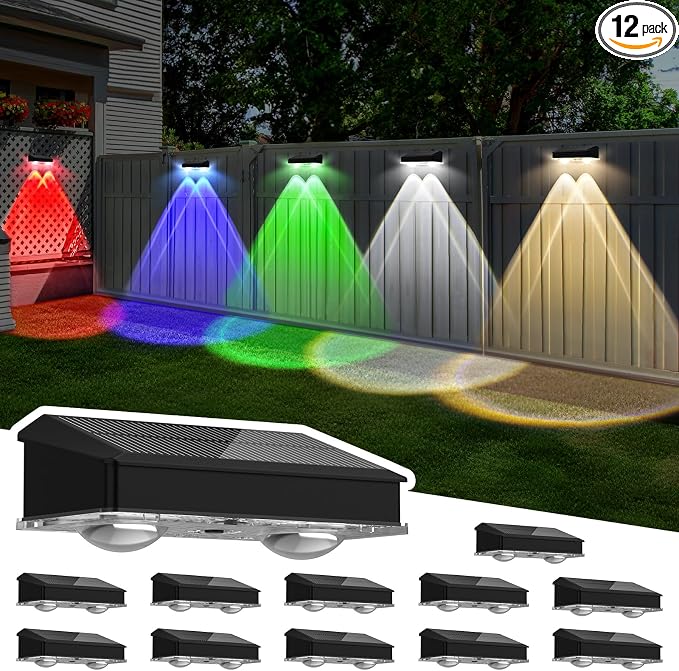 Solar Fence Lights Outdoor 12 Pack, Warm White & Cool White & 6 Colored+RGB Color Changing, High Brightness LED Spot Lens Deck Lights Dusk to Dawn for Backyard Railing Patio Wall, IP65 Waterproof
