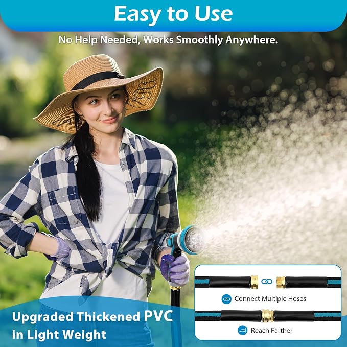 75FT Non-Expandable Garden Hose, Flexible Water Hose with Spray Nozzle, Kink-Resistant, Leakproof 3/4" Brass Connectors, Lightweight & Portable Water Pipe for Yard, Lawn Outdoor