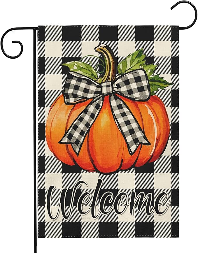 Fall Pumpkin Garden Flag 12x18 Inch Welcome Autumn Harvest Theme Thanksgiving Buffalo Plaid Decorative Yard Flags for Outside Double Sided Outdoor Home Farmhouse Decoration Porch Decor
