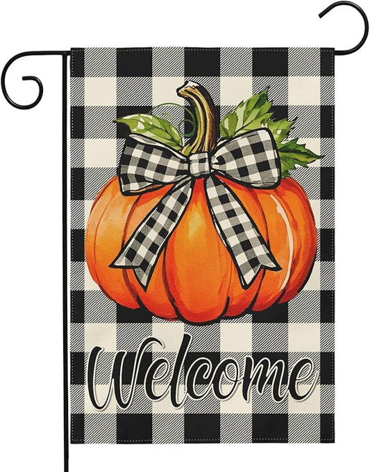 Fall Pumpkin Garden Flag 12x18 Inch Welcome Autumn Harvest Theme Thanksgiving Buffalo Plaid Decorative Yard Flags for Outside Double Sided Outdoor Home Farmhouse Decoration Porch Decor