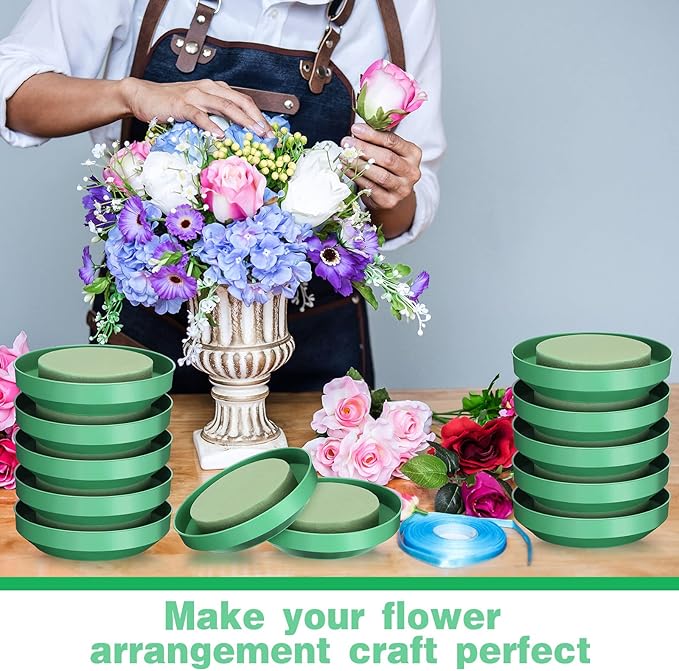 12 Sets Large Flower Foam with Bowl Kit 6.5 Inch Round Floral Foam Blocks Bulk DIY Green Flower Arrangement Supplies Floral Arranging Kit for Wedding Birthday Party Table Centerpiece Decorations