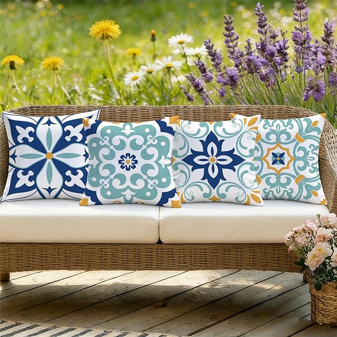 Outdoor Waterproof Throw Pillow Covers 18x18 Set of 4 Floral Boho Decorative Cushion Cases for Patio Furniture Garden Porch Bench Couch Sunbrella