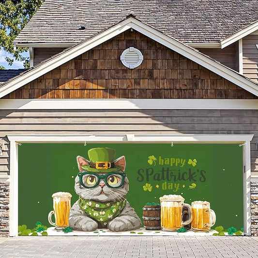 7 * 16FT Summer Garage Door Cover Decorations Sunset Palm Trees Garage Door Banner for Outdoor Indoor Summer Party Photography Backdrop (St. Patrick's Day, 6 * 13 ft)