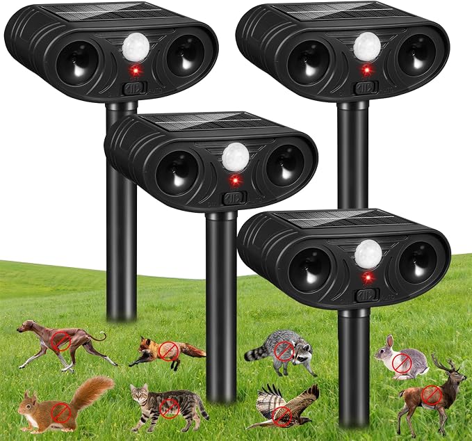 2026 Upgraded Solar Ultrasonic Animal Repellent, 4 Pack IP65 Waterproof Sonic Deer Deterrent, Motion Activated Outdoor Repeller to Keep Cats, Squirrels, Raccoons, Skunks & Dogs Away from Garden, Yard