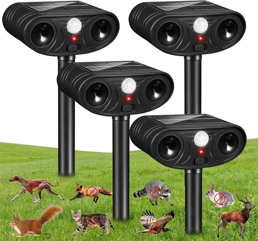 2026 Upgraded Solar Ultrasonic Animal Repellent, 4 Pack IP65 Waterproof Sonic Deer Deterrent, Motion Activated Outdoor Repeller to Keep Cats, Squirrels, Raccoons, Skunks & Dogs Away from Garden, Yard